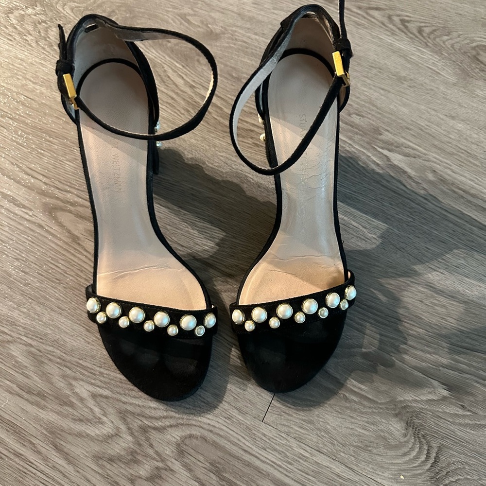 Stuart Weitzman nearlynude nudist more pearls chunky heel black suede 7 - Picture 2 of 12